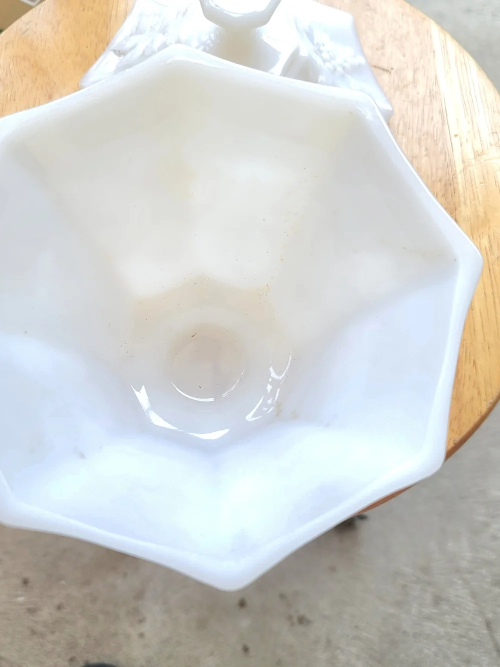 White Milk Glass Hexagonal Candy Dish with Grape Motif